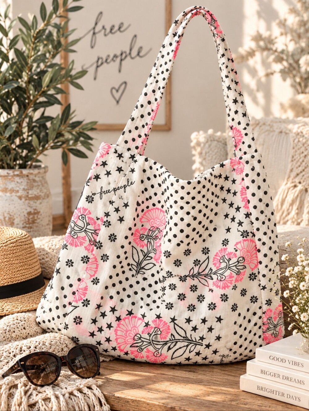 Free People Boho Floral Star Polka Dot Gauze Tote Bag Pink Black NWOT